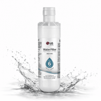 LG GSLD80PZRD water filter replacement cartridge with water splashing around it on a white background