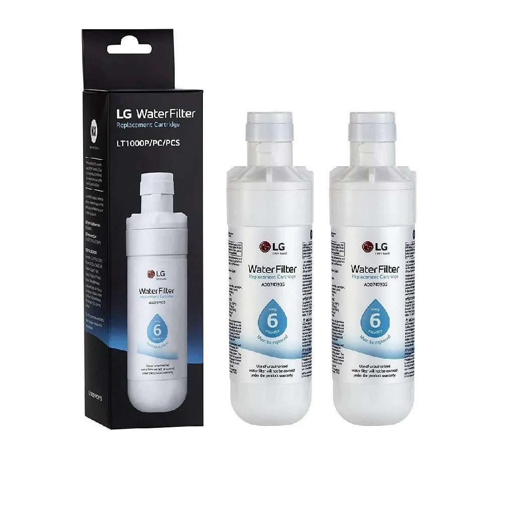 2 Packs of LG GSXV80PZLE refrigerator water filters with packaging on a white background