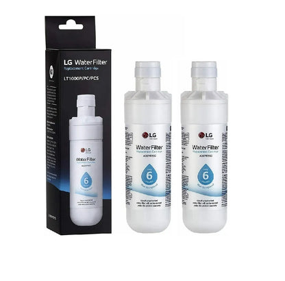 2 Packs of LG GSXV80PZLE refrigerator water filters with packaging on a white background