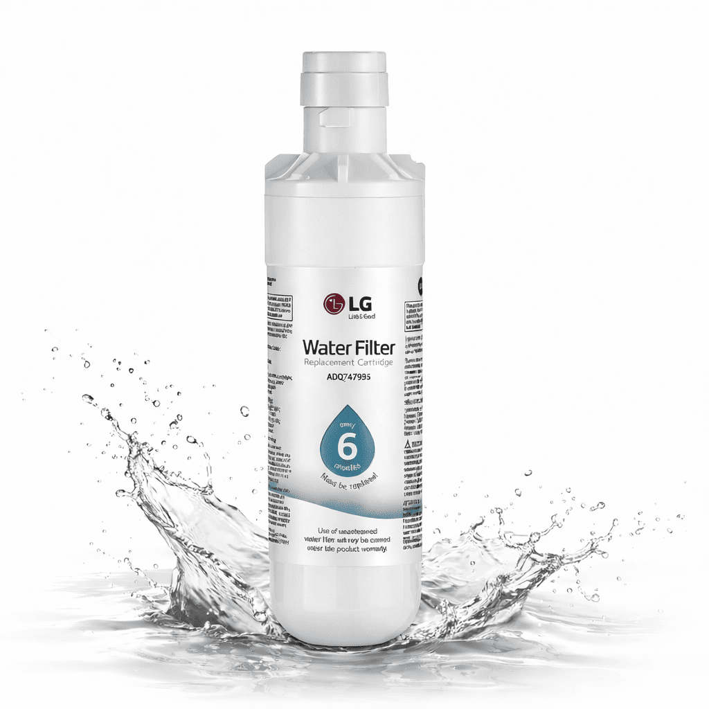 LG GSXV80PZLE water filter replacement cartridge with water splashing around it on a white background