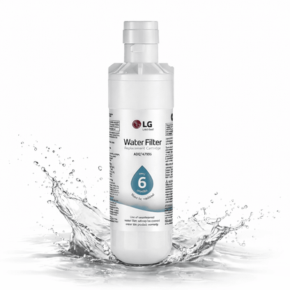 LG GSXV80PZLE water filter replacement cartridge with water splashing around it on a white background