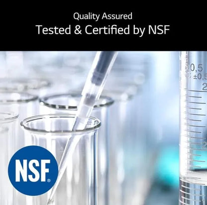 Laboratory setting with beakers and NSF logo, indicating quality assurance and certification by NSF.