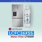 LG LCFC26XSS refrigerator with water filter on a light blue background
