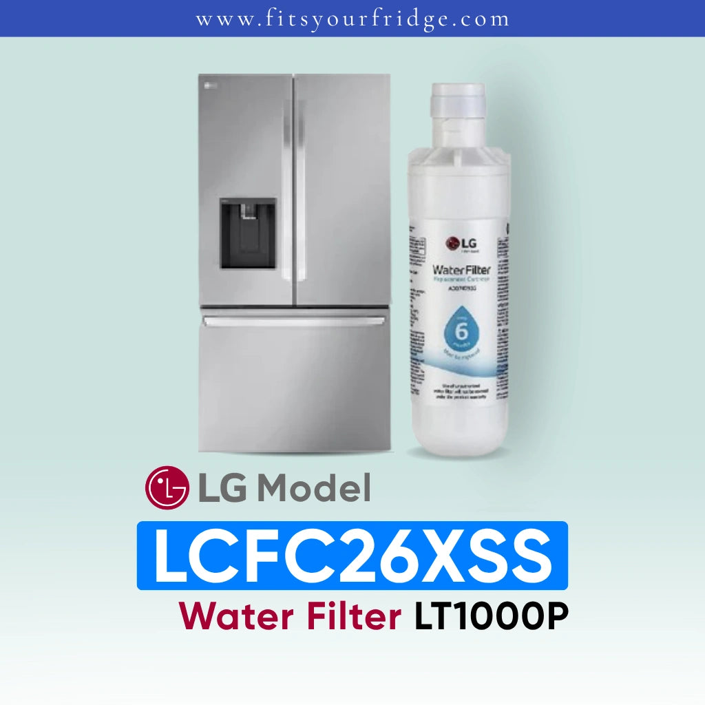 LG LCFC26XSS refrigerator with water filter on a light blue background