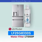 LG LF25G8330S refrigerator with water filter and bottle on a light blue background