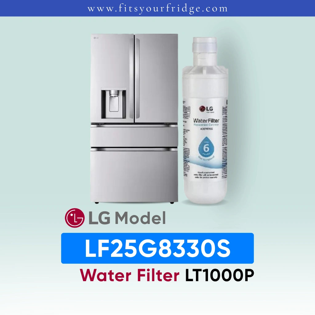 LG LF25G8330S refrigerator with water filter and bottle on a light blue background