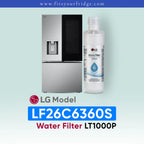 LG LF26C6360S refrigerator with water filter and bottle on a light blue background