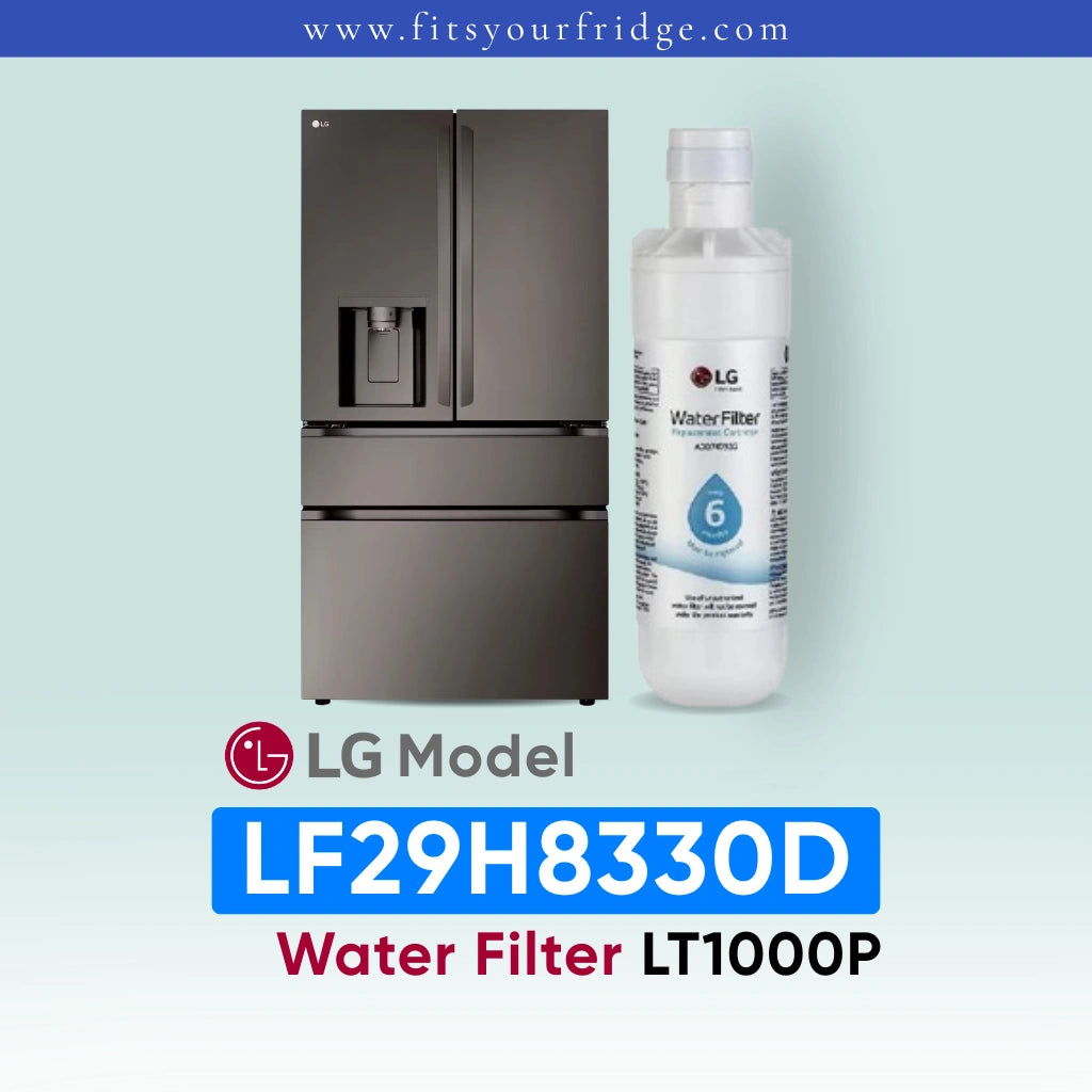 LG LF29H8330D refrigerator with water filter and bottle on a light blue background
