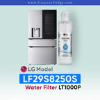 LG LF29S8250S refrigerator with water filter and bottle on a light blue background