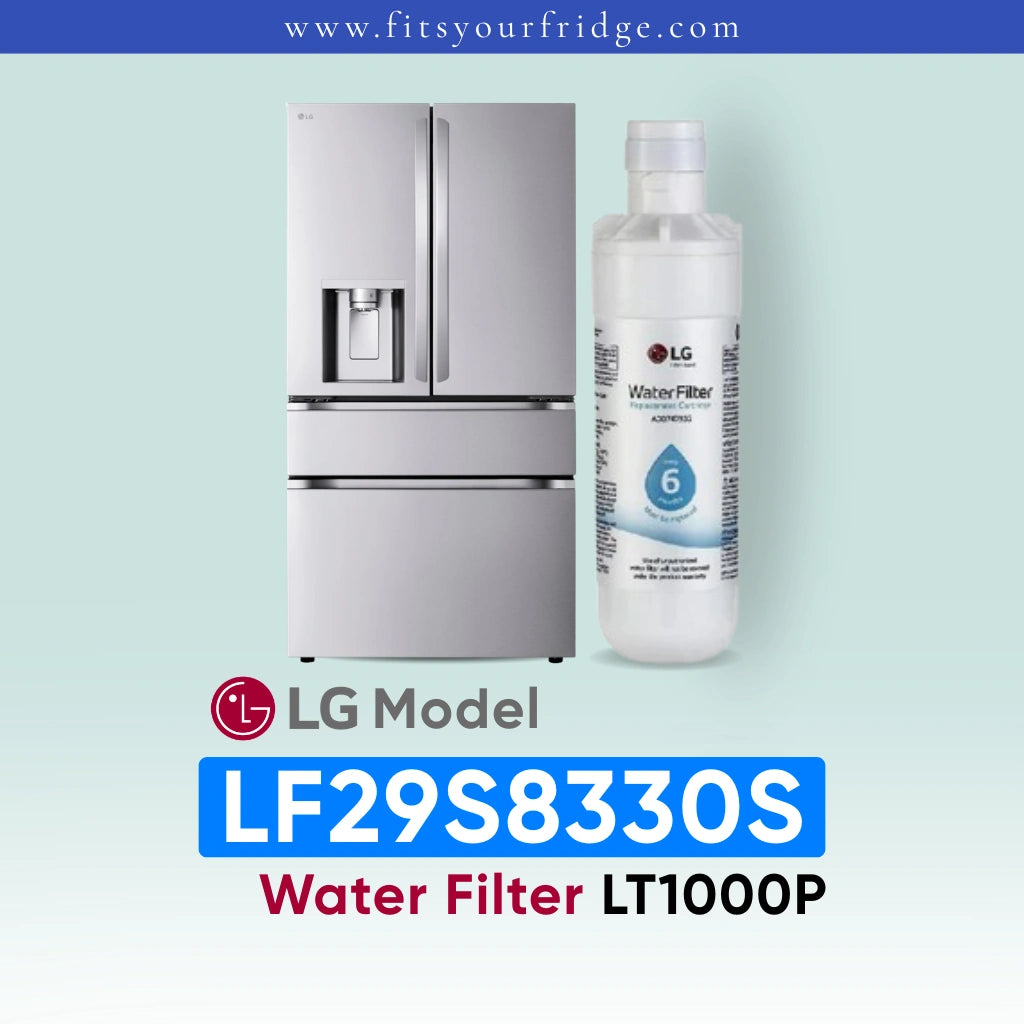 LG LF29S8330S refrigerator with water filter and bottle on a light blue background