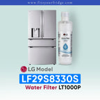 LG LF29S8330S refrigerator with water filter and bottle on a light blue background