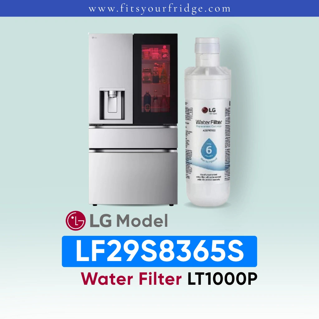 LG LF29S8365S refrigerator with water filter and bottle on a light blue background
