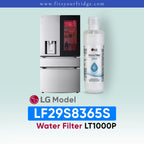 LG LF29S8365S refrigerator with water filter and bottle on a light blue background