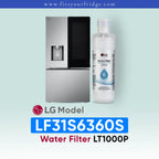 LG LF31S6360S water filter with refrigerator on a light blue background