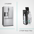 Stainless steel refrigerator with LG water filter packaging and LT700P water filter on a white background