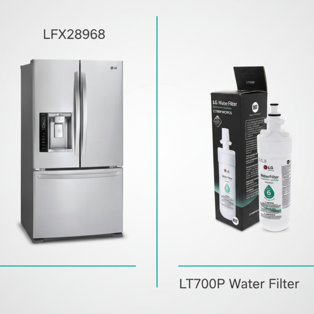 Stainless steel refrigerator with LG water filter packaging and LT700P water filter on a white background