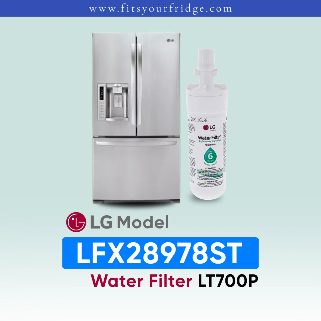 LG LFX28978ST refrigerator with water filter on a light blue background