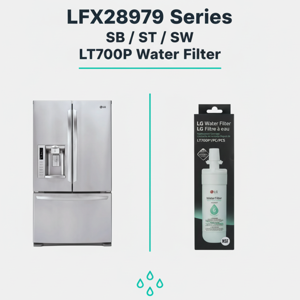 Stainless steel refrigerator with LG water filter packaging on a white background