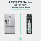 Stainless steel refrigerator with LG water filter packaging on a white background
