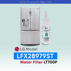LG LFX28979ST refrigerator with water filter on a light blue background