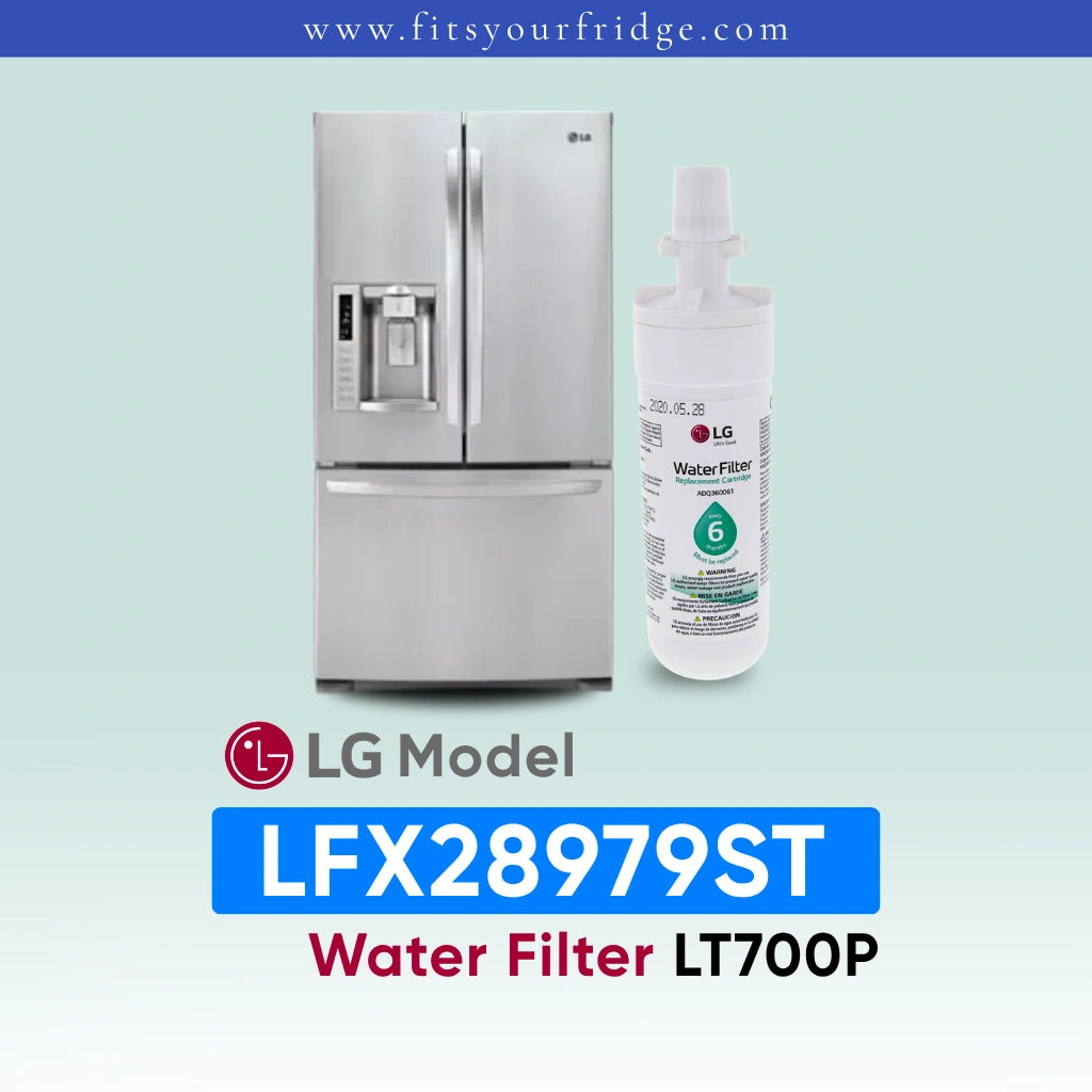 LG LFX28979ST refrigerator with water filter on a light blue background