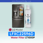LG  LFXC22596D refrigerator with water filter packaging on a light blue background