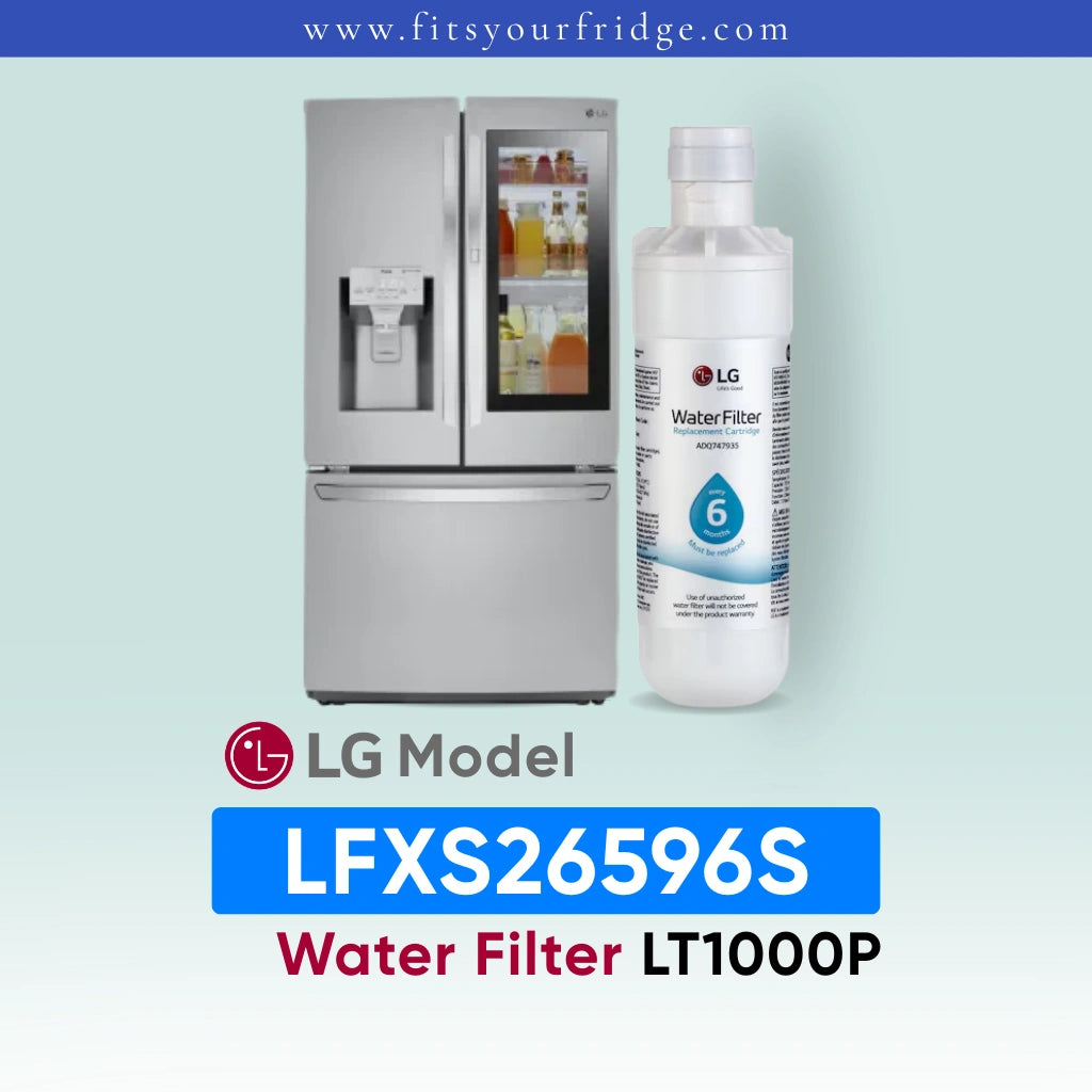LG LFXS26596S refrigerator with water filter and bottle on a light blue background