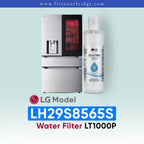 LG LH29S8565S refrigerator with water filter and bottle on a light blue background
