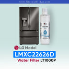 LG LMXC22626D refrigerator with water filter packaging on a light blue background