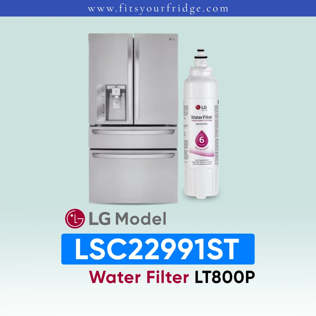 LG LMXS30746S refrigerator with water filter on a light blue background