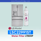 LG LMXS30746S refrigerator with water filter on a light blue background