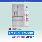 LG LMXS30776S00 refrigerator with water filter on a light blue background