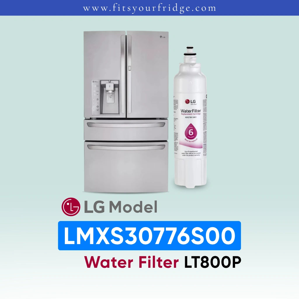 LG LMXS30776S00 refrigerator with water filter on a light blue background