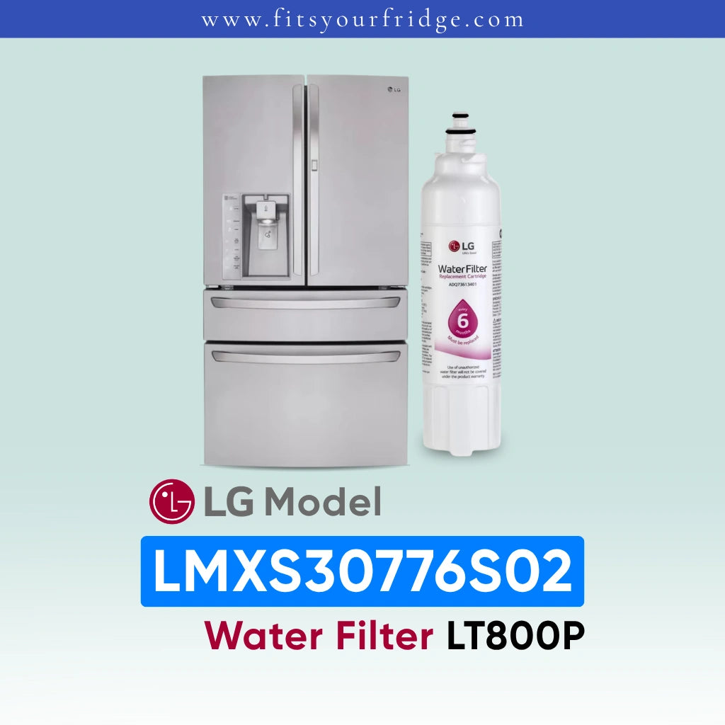 LG LMXS30776S02 refrigerator with water filter on a light blue background