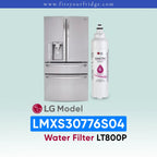 LG LMXS30776S04 refrigerator with water filter on a light blue background