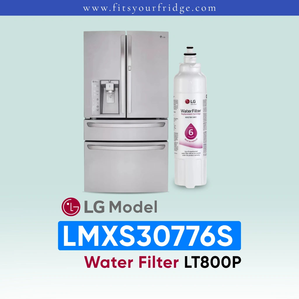 LG LMXS30776S refrigerator with water filter on a light blue background