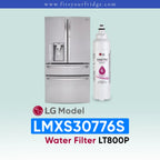 LG LMXS30776S refrigerator with water filter on a light blue background