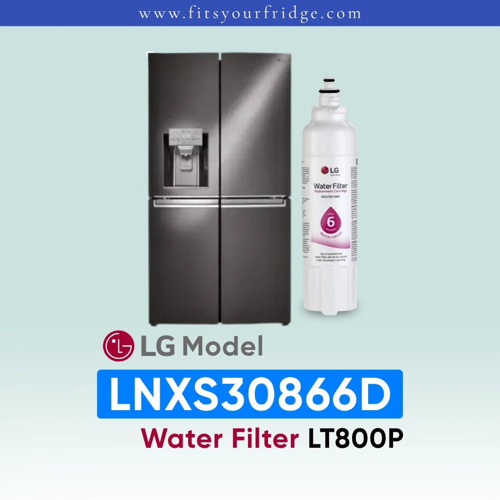 LG LNXS30866D refrigerator with water filter on a light blue background
