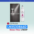 LG LNXS30866D refrigerator with water filter on a light blue background