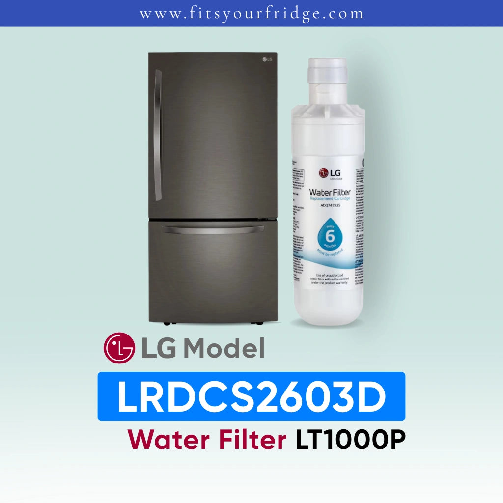 LG LRDCS2603D refrigerator with water filter and bottle on a light blue background