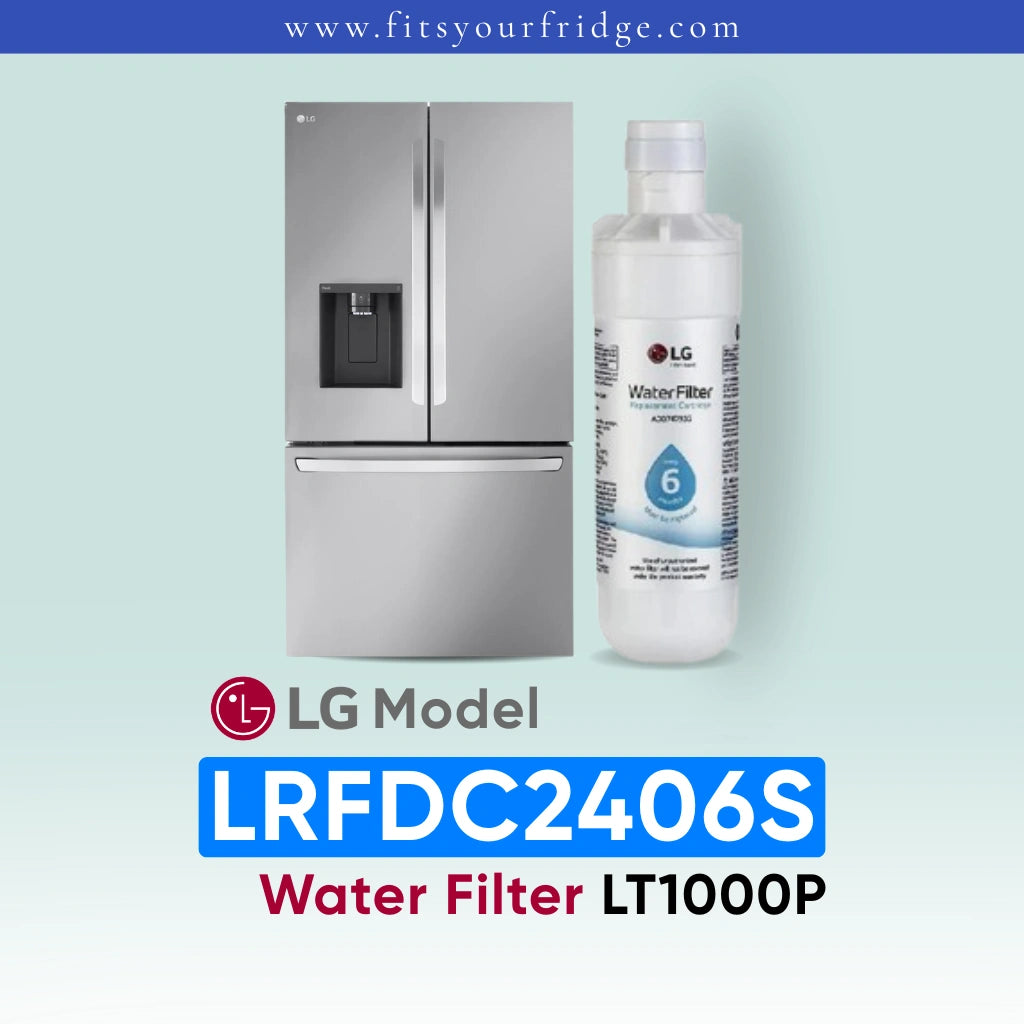 LG LRFDC2406S water filter with refrigerator on a light blue background