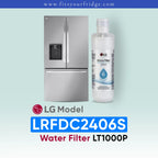 LG LRFDC2406S water filter with refrigerator on a light blue background