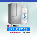 LG LRFLC2716S refrigerator with compatible LG LT1000P water filter shown beside a stainless steel French door refrigerator, FitsYourFridge compatibility image for replacement refrigerator water filter.