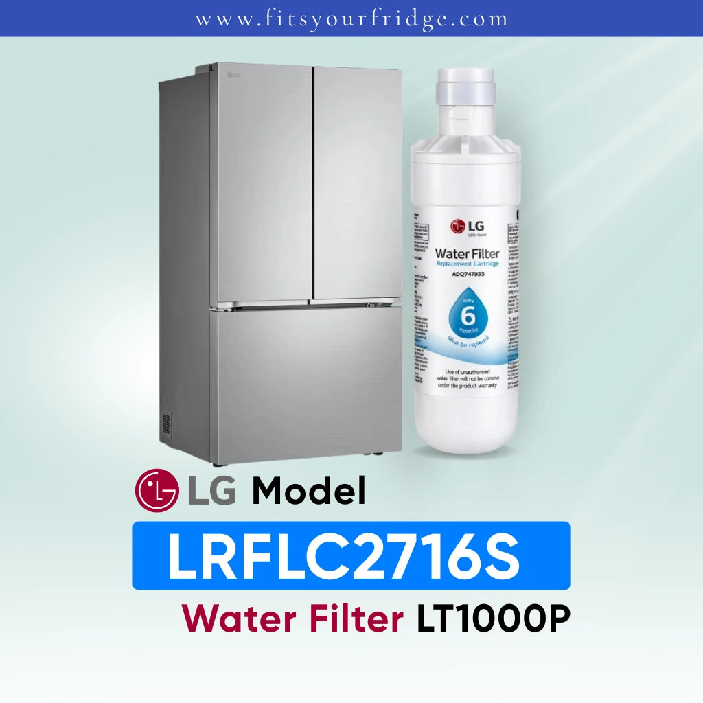 LG LRFLC2716S refrigerator with compatible LG LT1000P water filter shown beside a stainless steel French door refrigerator, FitsYourFridge compatibility image for replacement refrigerator water filter.