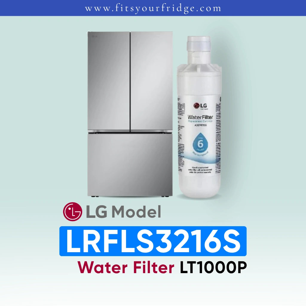 LG LRFLS3216S refrigerator with water filter on a light blue background
