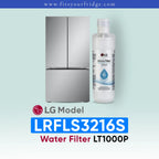 LG LRFLS3216S refrigerator with water filter on a light blue background
