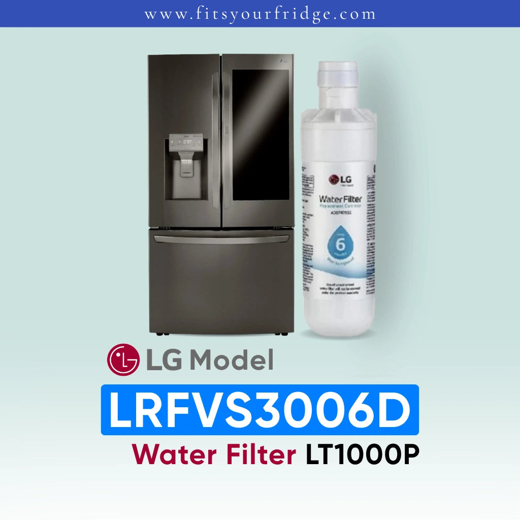 LG LRFVS3006D refrigerator with water filter on a light blue background