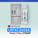 LG LRFXC2406S refrigerator with water filter bottle on a light blue background
