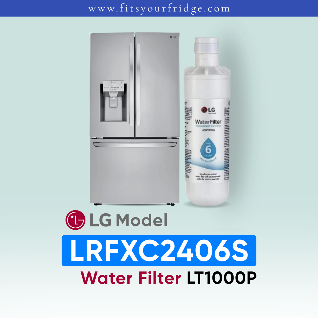 LG LRFXC2406S refrigerator with water filter bottle on a light blue background