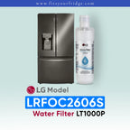LG LRFXC2416D refrigerator with water filter on a light blue background